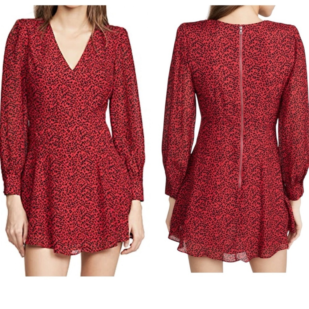 Alice + Olivia Polly Red Leopard Mini Dress Fit & Flare Long Sleeves, Size 10
